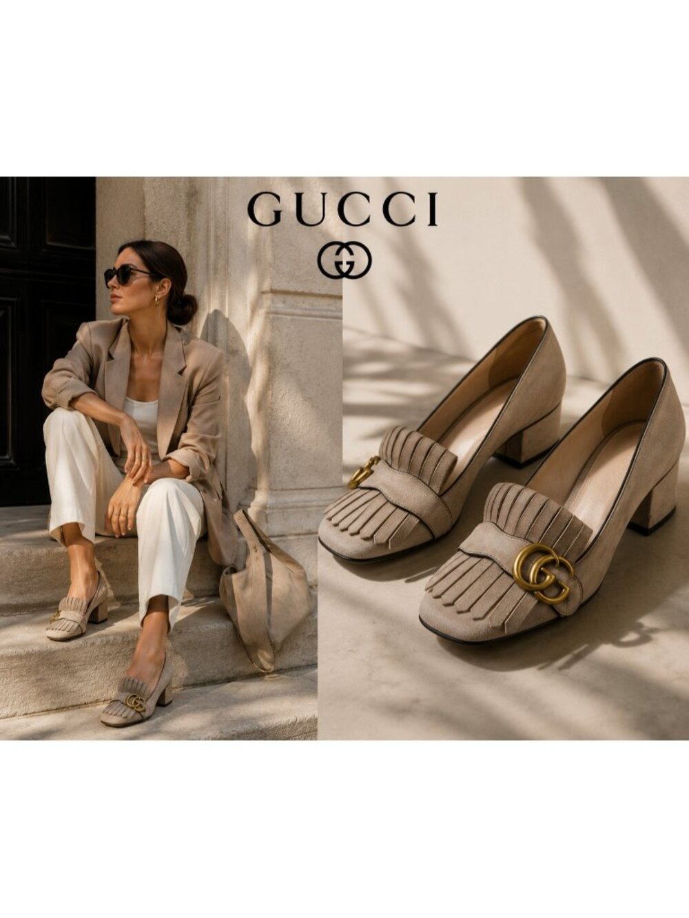 Gucci Marmont GG Fringe Suede Block Heel Pumps Beige EU 35 US 5 Made In Italy